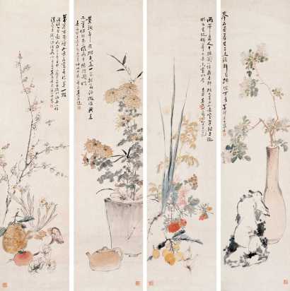 朱熊 乙丑（1865年）作 四时花卉 四屏